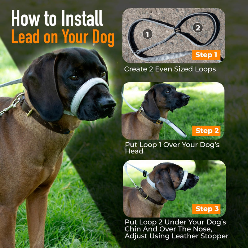 Total Pet Figure of 8 Dog Lead Flat with Anti Tangle Swivel Mechanism – Anti Pull Stop Dogs Pulling – Slip Leads Reflective with Padded Nose Support - (Grey, 210cm) Grey
