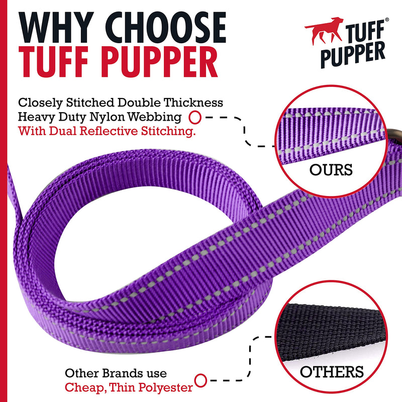 Tuff Pupper Heavy Duty Double Handle Leash | Twist Locking Carabiner Clip | Safety Lock for Strong Dogs | Reflective for Safe Night Walks | 6 Foot Leash | For Medium & Large Dogs Purple - PawsPlanet Australia
