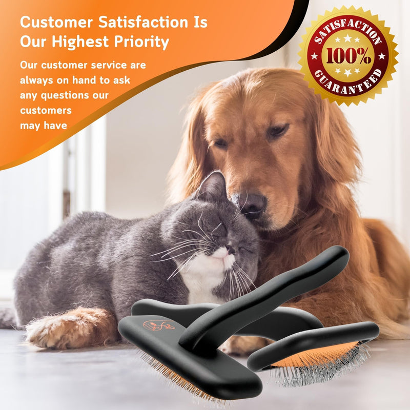 Black Medium Dog Slicker Brush for Dogs and Cats Grooming | Detangle, Fluff & Volumize | Soft Vented Cushion | Matt Rubberized Paint | Ergonomic Handle | Wire Brush | Orange Details - PawsPlanet Australia
