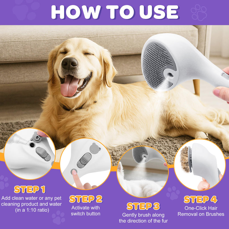 Pet Spray Grooming Brush Cat Brushes Cat Hair Removal Products Cat Shedding Tools Self Cleaning Ergonomic Grip for Short Long Haired Pets Help with matted Fur Rechargable Comb Mist White - PawsPlanet Australia