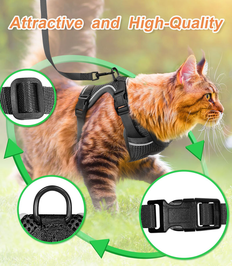 Halypet Cat Harness and Leash Set [ MAX Safety Third Generation ] Escape Proof Soft Adjustable Cat Leash Breathable Comfortable Vest Easy to Wear Kitten Harness for Outdoor Walking Black H200 Pro Black Medium (13-18lb) - PawsPlanet Australia
