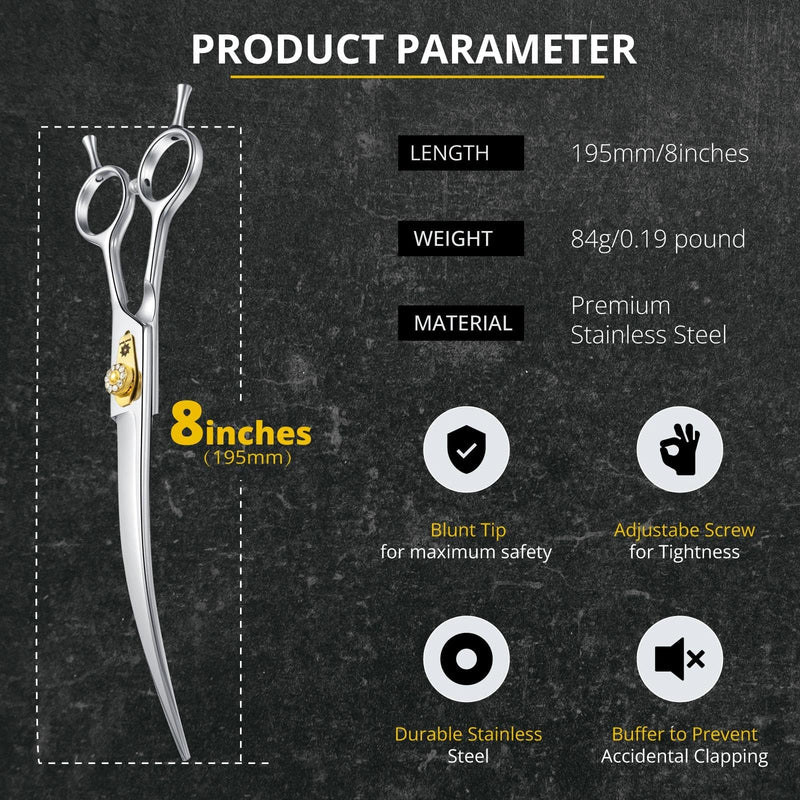 Dream Reach Curved Dog Scissors - 8 Inch Professional Pet Grooming Shears with Adjustable Screw, Curved Shears for Trimming Face and Paws 8 Inch-Curved Cutter - PawsPlanet Australia