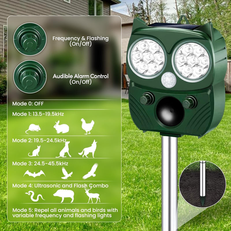 Solar Ultrasonic Animal Repellent Outdoor Cat Repellent Outdoor Motion Activated Animal Repeller Waterproof Cat Deterrent to Scare Skunk Rabbit Raccoon Dog Squirrel Deer for Yard Green