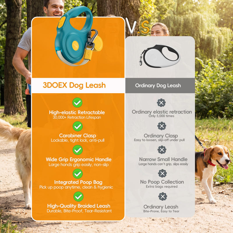 Retractable Dog Leash 16FT for Small & Medium Dogs, Sturdy Heavy-Duty Nylon Tape with Secure Locking Carabiner & Poop Bag Holder, Smooth One-Hand Control, Anti-Slip Handle, Tangle-Free Design (Green) Green 16 ft - PawsPlanet Australia