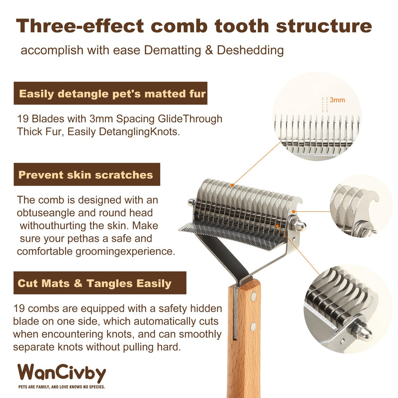 3-in-1Dematting & Deshedding Comb Undercoat Rake for Cats& Dogs，Detangling Matted Fur & Hair Remover Tool Pet Grooming Rake for Shedding and Dematting，Ergonomic beech wood handle (Square Handle) Square Handle - PawsPlanet Australia