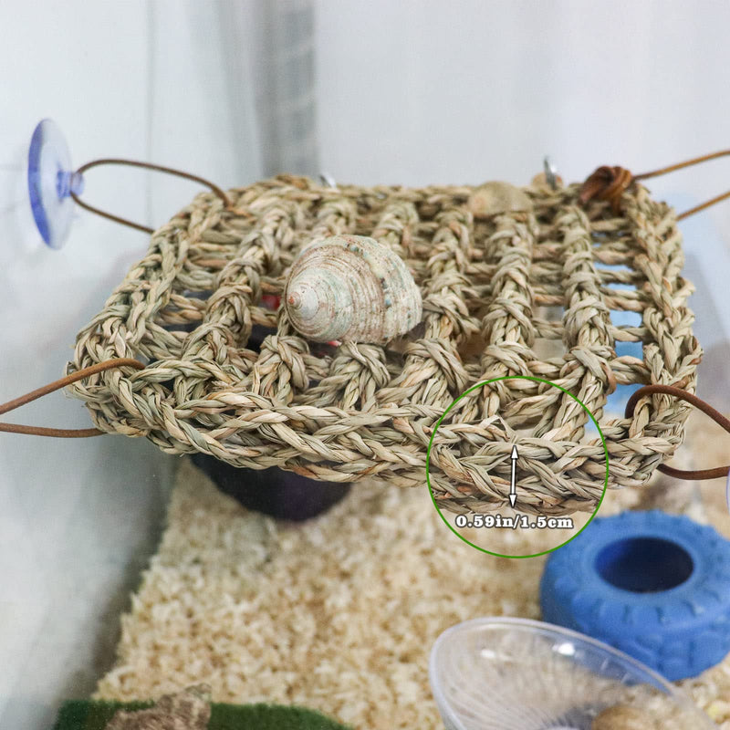 Hermit Crab Climbing Toys, Seagrass Mat Lizard Hammock with Suction Cup, Natural Seagrass Woven Net, Tank Accessories for Small Reptiles Hermit Crab Lizard Hamster Guinea Pig Rats 7.1 x 7.1 Inches Square