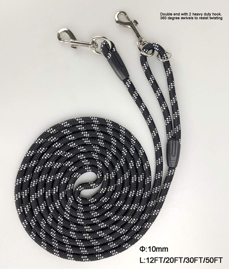 Long Rope Dog Leash for Dog Training 12FT 20FT 30FT 50FT, Reflective Threads Dog Cat Leashes Tie-Out Check Cord Recall Training Agility Lead for Large Medium Small Dogs (Black, 10mm*50ft) Black - PawsPlanet Australia