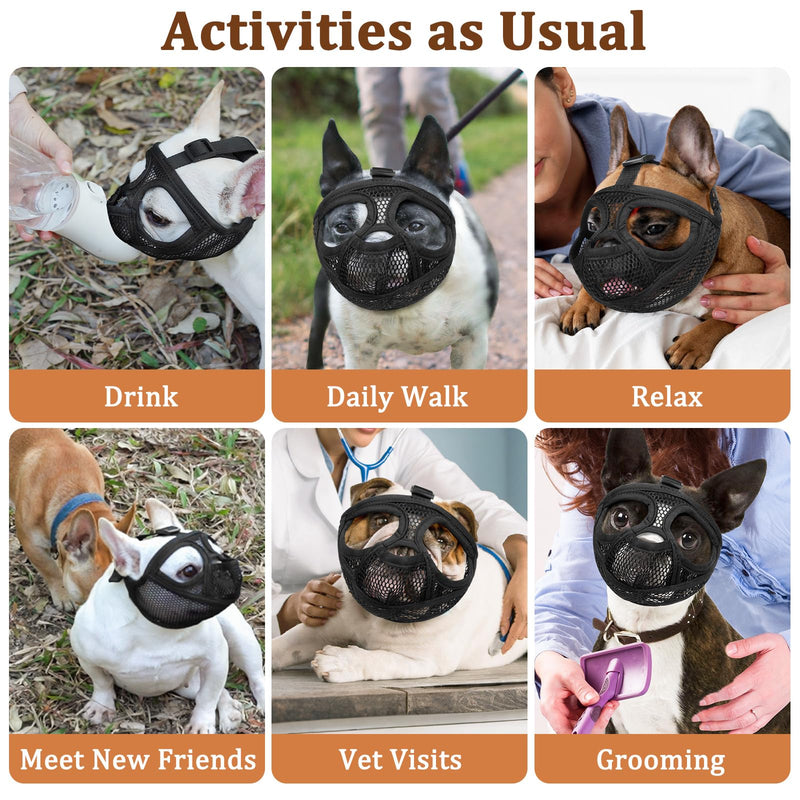 Mayerzon French Bulldog Muzzle, Mesh Short Snout Dog Muzzle for Flat-Faced Dogs Pug English Bulldog, Allows Full Panting & Drinking, Prevents Chewing Eating, Ideal for Grooming Vet Visits Walking Black S [Head Cir: 15"-17.5"] - PawsPlanet Australia