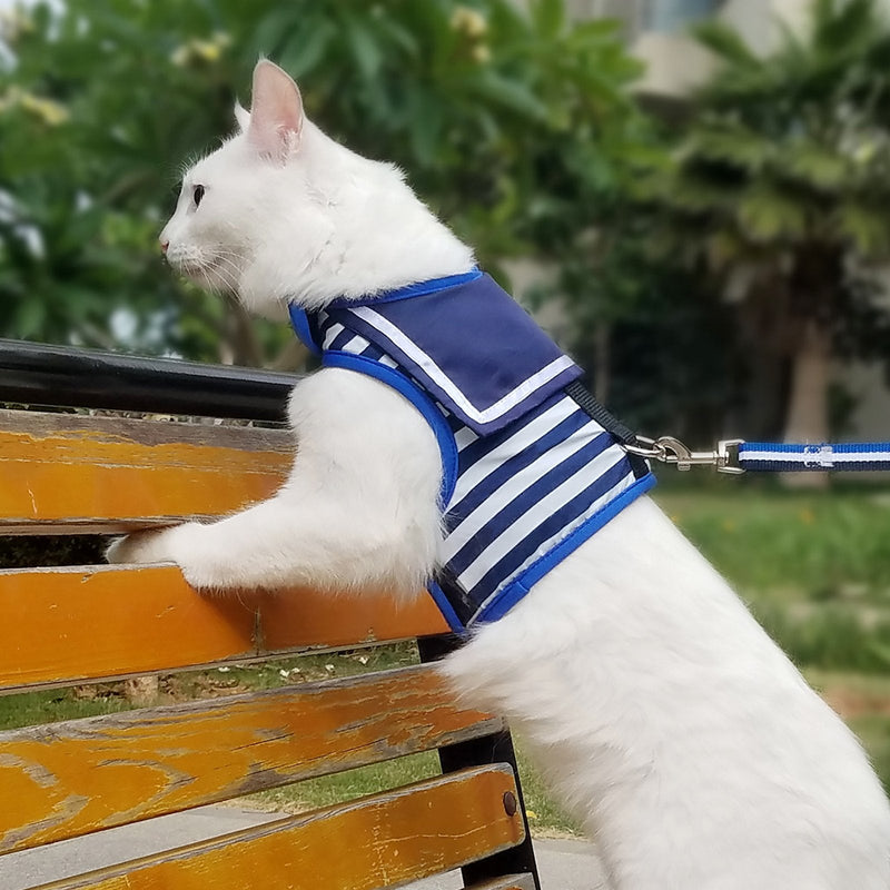 Escape Proof Cat Harness with Leash Large, Adjustable Cat Walking Jackets, Padded Cat Vest Sailor Suit Navy L(3.5-5.5kgs) - PawsPlanet Australia