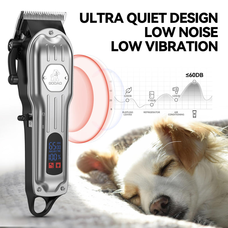 Dog Grooming Kit for Heavy Thick Hair&Coats,Low Noise Dog Hair Trimmer,Rechargeable Cordless Pet Shaver with Stainless Steel Blade, Dog Clippers for Grooming for Small Large Dogs Pets (Sliver) Silver