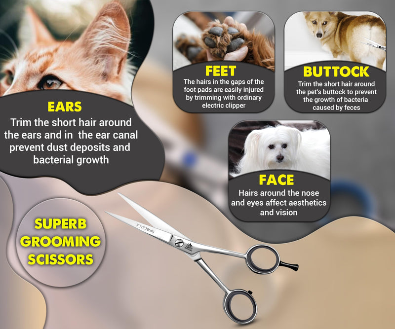 ARSUK Dog Hair Cutting Scissors 7 Inch – Stainless Steel Pet Grooming Scissors, Durable Lightweight & Safe to Use Straight - PawsPlanet Australia