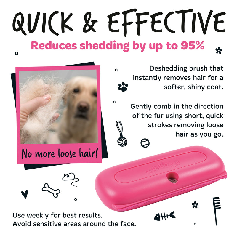 Bugalugs Deshedding Brush for Dogs, Cats, Horses - Pet Grooming Tool that is Gentle & Effective With Wide Shallow Comb, Smooth Groomer for Dog, Cat and Horse Pink