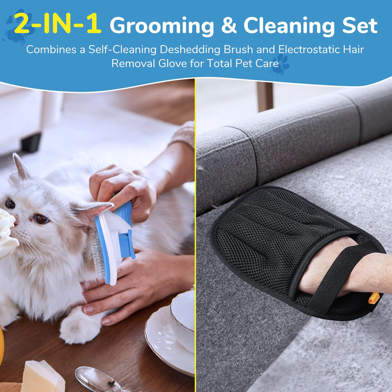 Pet Hair Removal Glove & Brush Set – Self-Cleaning Slicker Deshedding Brush and Reusable Hair Removal Glove for Dogs, and Cats, Gentle Grooming Tool for Long & Short Haired Pets - PawsPlanet Australia