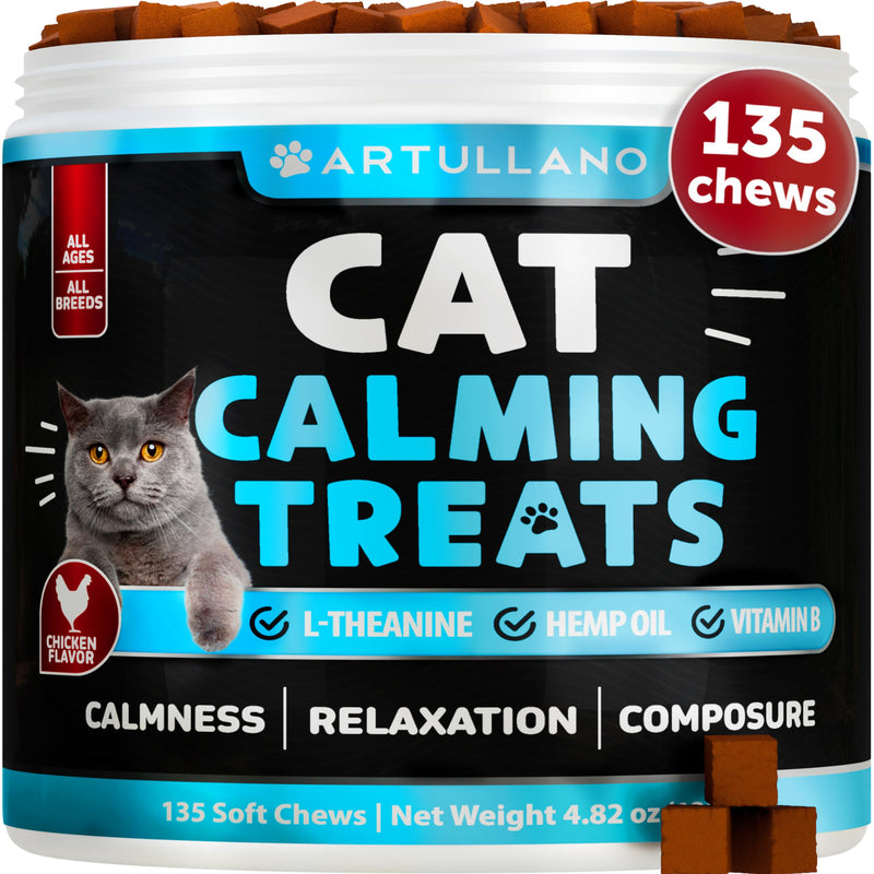 Hemp Cat Calming Treats - Cat Anxiety Relief - Storm Anxiety, Сomposure, Grooming, Separation, Travel - Calming Aid for Cats with Hemp Oil, L-Theanine - Cat Melatonin - Made in USA - 135 Soft Chews Chicken