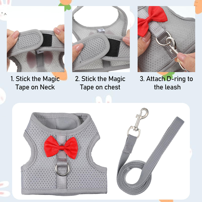 Rabbit Harness and Leash Set with a Cute Bow, Soft Mesh Vest-Style Carrier, Adjustable Rabbit Vest, Suitable for Rabbits, Kittens, Ferrets, Miniature Pigs, and Puppies, Gray Size M - PawsPlanet Australia