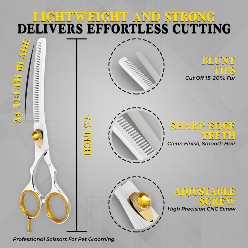7.5” Curved Thinning Shears for Dogs and Cats – 34 Tooth Professional Pet Grooming Scissors – Smooth, Quiet Blending Shears for Face, Ears, Chest and Legs, Ergonomic Design for Home and Pro Use Polish Curved Thinning Scissors - PawsPlanet Australia