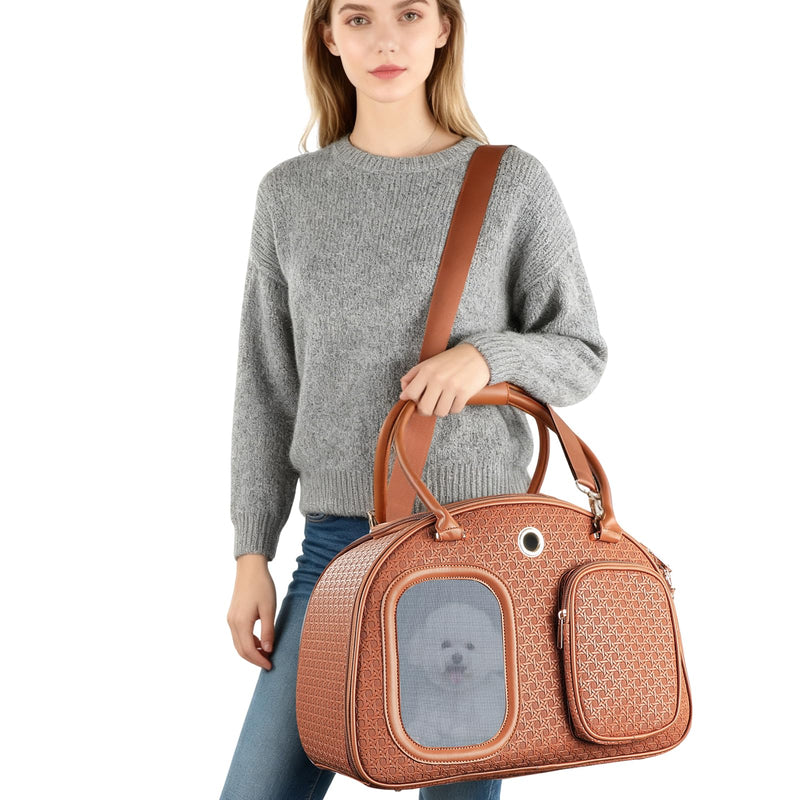 Dog Purse Carrier for Small Dogs, Airline Approved Pet Carrier Purse with Mesh Windows, Soft-Sided Travel Bag for 5–9 lbs Puppy & Cats, Lightweight Tote for Travel & Daily Outings Brown 16.1inch x 8.7inch x 12inch(LxWxH)