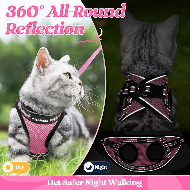 rabbitgoo Cat Harness and Leash Set for Walking Escape Proof, Adjustable Soft Kittens Vest with Reflective Strip for Cats, Comfortable Outdoor Vest, Pink, S Small - PawsPlanet Australia