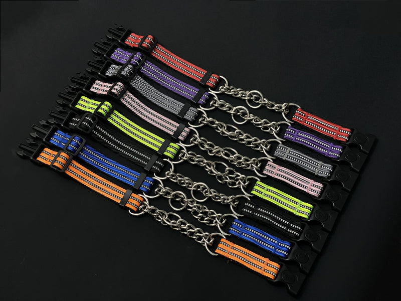 Martingale Collars for Dogs, Heavy Duty Stainless Steel Chain Training Collar, Reflective Nylon Adjustable Collar with Quick Release Buckle, Suitable for Puppy Medium Large Dogs (Gray, M) Medium-(for dog's neck 16''~20.5'') Gray - PawsPlanet Australia