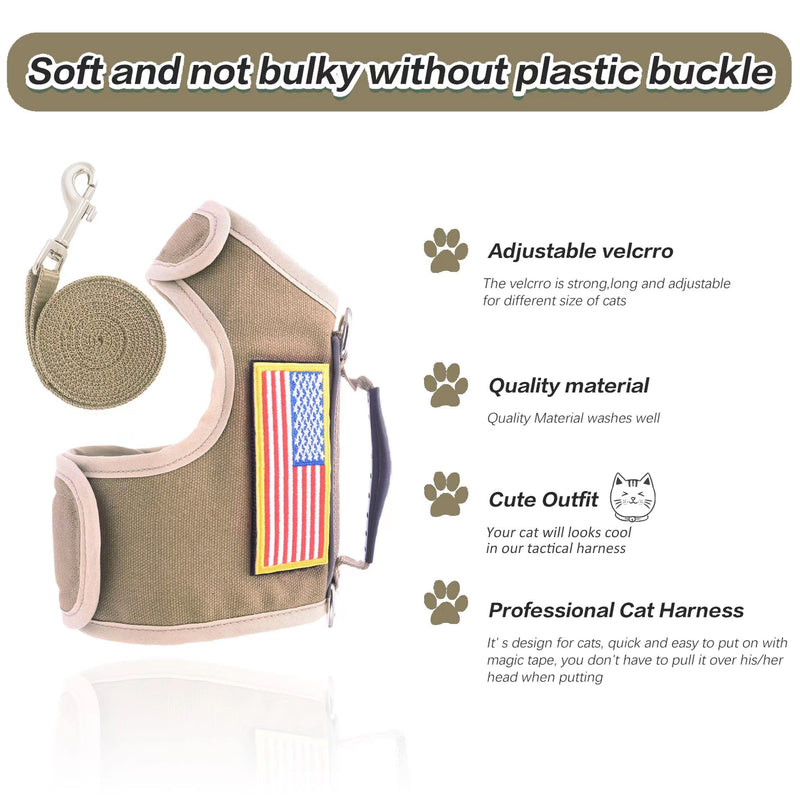 Tactical Cat Harness and Leash for Walking Escape Proof, Adjustable Cat Walking Jackets, Padded Stylish Cat Vest, Khaki, Medium M 5.5-9LBS Solid Khaki - PawsPlanet Australia