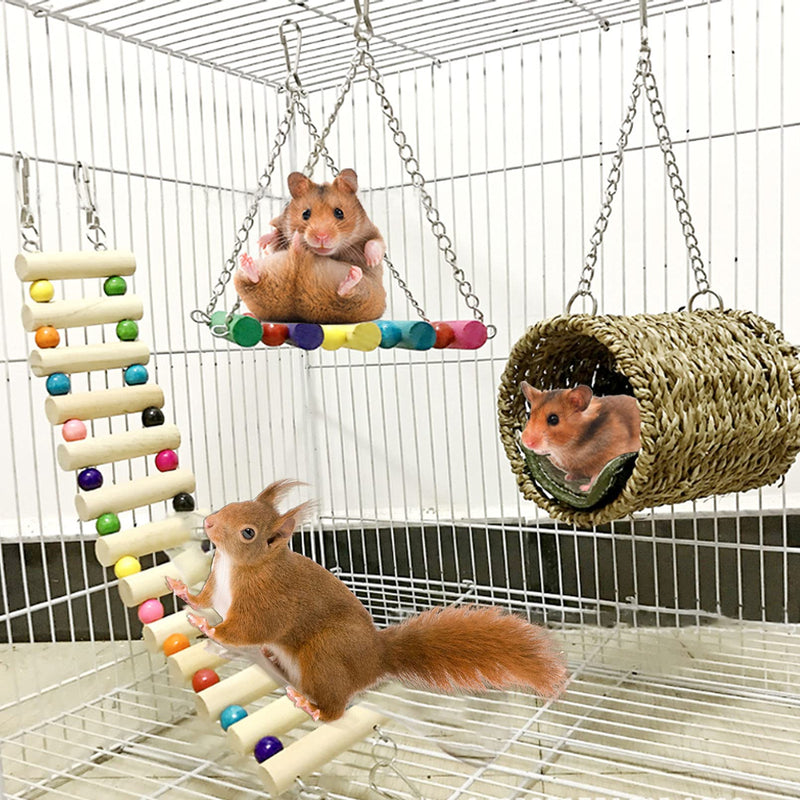 Hamiledyi Ewolee Hamster Hanging Toy, 3 Piece Wooden Small Animal Ladder Hammock Swing Set Toys for Bird Guinea Pig Hamster