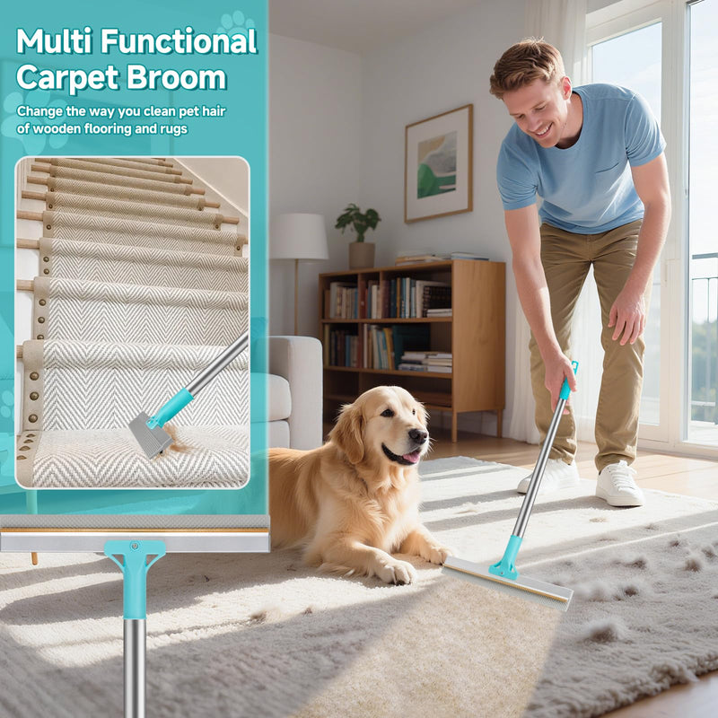 Carpet Rake for Pet Hair Removal Tool, Reusable Pet Hair Remover Broom, Dog&Cat Hair Remover Scraper Rake with 54” Adjustable Long Handle, 3 Pcs Carpet Brush Rake for Rugs, Mats, Couch, Furniture 54in-3 pcs-Rake - PawsPlanet Australia