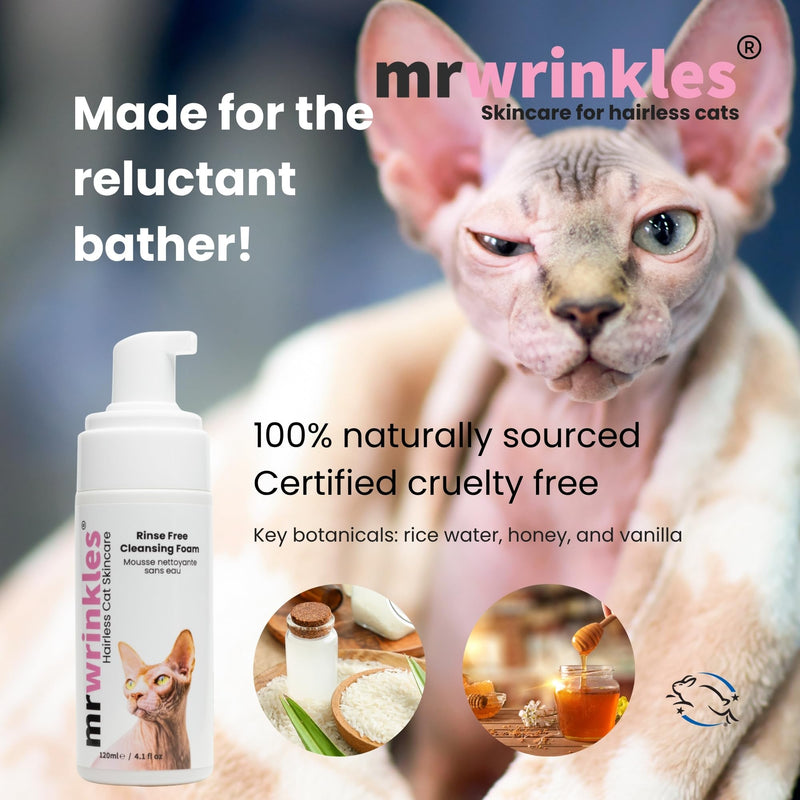 Sphynx Cat Rinse-Free Cleansing Foam – No Bath Needed, Wipe & Go, Mattifying Rice Water & Honey Formula, Gentle Shampoo Alternative for Hairless Cats – Mr. Wrinkles