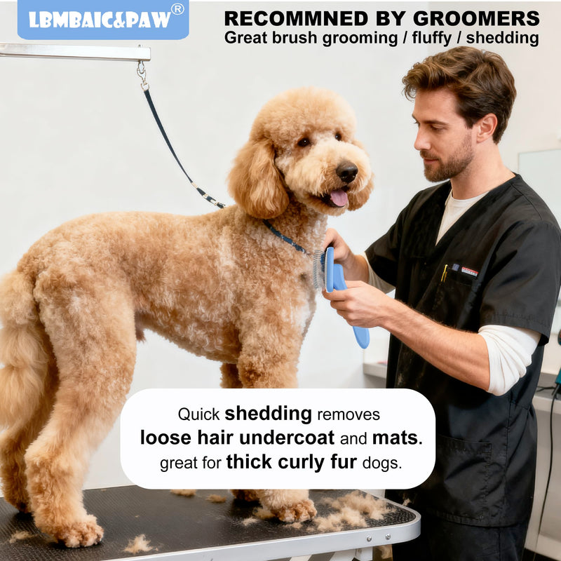 Dog Slicker Brushes for Poodles,Doodles,Goldendoodle,Bernedoodle.Slicker Brush for Thick Long Curly Fur Deshedding,Fluff,Grooming.Remove Loose Fur Quick Easy.Long Pin Slicker Brush.Wood body(Large) Blue