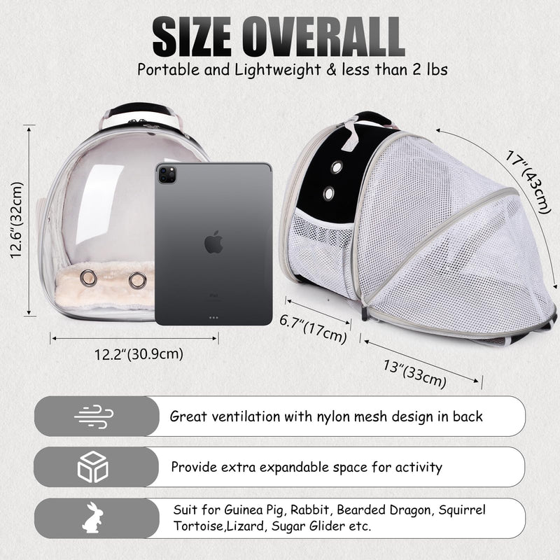Back Expandable Backpack for Small Animals, Portable Travel Bag Breathable Pet Carrier Cages for Bunny, Guinea Pig, Bearded Dragon, Lizard, Rabbit, Squirrel, Tortoise, Kitten, Sugar Glider Black Back Extension
