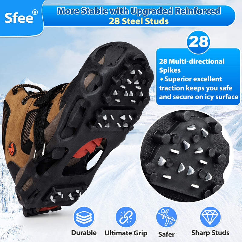 Sfee Crampons Ice Cleats for Shoes and Boots, 28 Steel Shoe Spikes Ultra-Grip Ice Cleats for Men Women Non-Slip Snow Traction Ice Grippers for Shoes and Boots for Walking, Hiking, Climbing, Fishing Large - PawsPlanet Australia