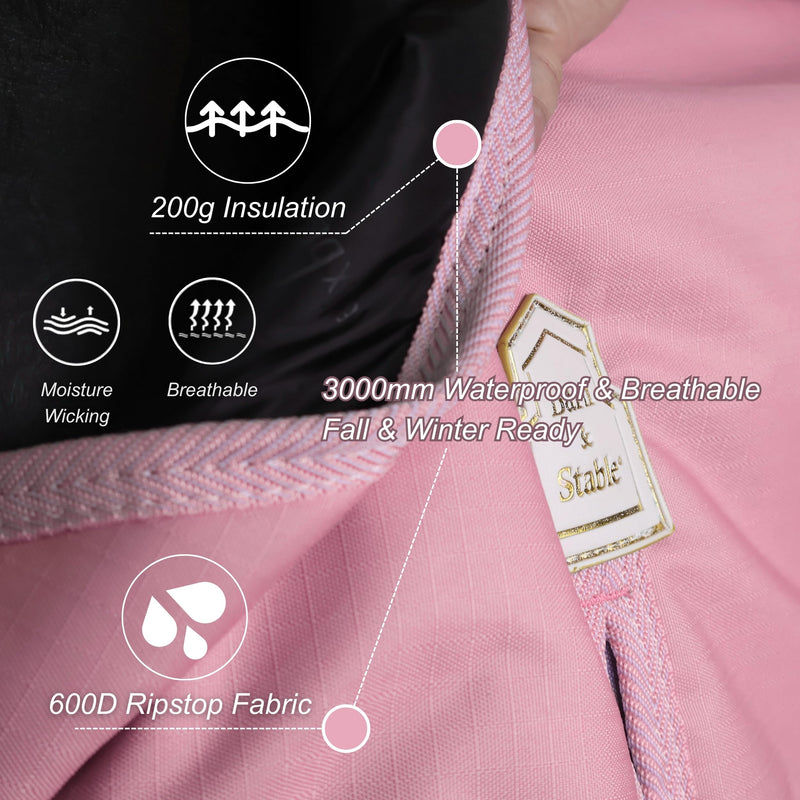 BARN & STABLE 600Denier 3000mm/3000mvp Super Waterproof & Breathable Horse Blankets for Winter with 200g Fill Sea Pink/Plume 75 Inch - PawsPlanet Australia
