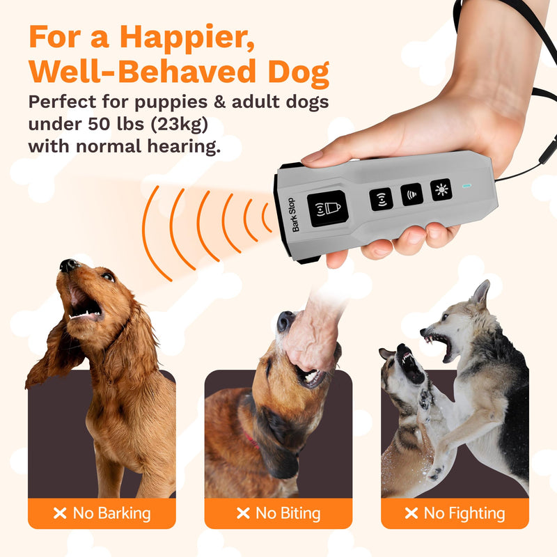 Ultrasonic Dog Bark Deterrent – Rechargeable Anti Bark Device with Dual Frequency & LED Flashlight – Handheld Trainer for Indoor and Outdoor Use (Grey) Grey