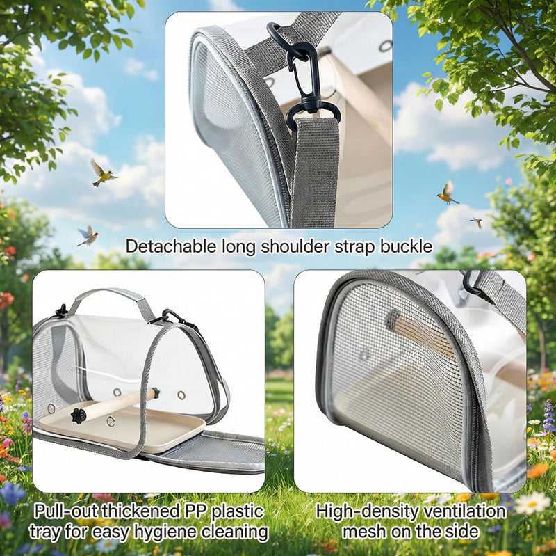 Portable Bird Travel Carrier with Breathable Mesh Windows Hands Free Parrot Backpack for Vet Visit Shopping Hiking, Clear View Small Pet Cage with Easy Clean Removable Tray and Perch Gray