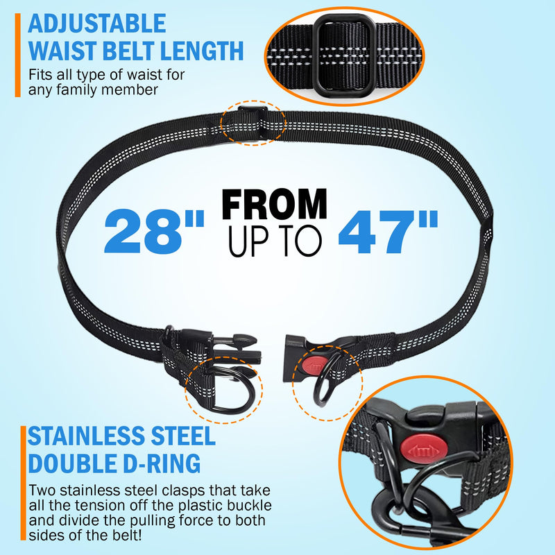Hands Free Dog Leash with Waist Belt – No-Pull Bungee, Dual Padded Handles & Zipper Pouch for Running, Walking & Training – Adjustable Waist Leash for Large & Medium Dogs (Black) Black - PawsPlanet Australia
