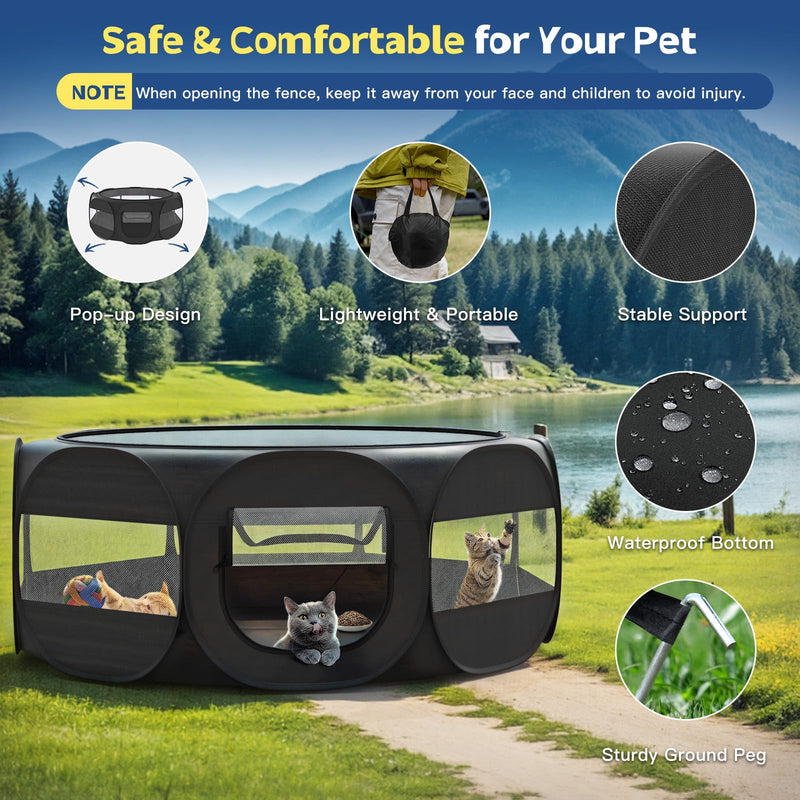 Pet Playpen for Small Animals, Breathable Cat Tent with Removable Zipper Cover & Waterproof Base, Portable Cat Playpen for Puppy Cats Kittens Rabbits Chicks, Indoor/Outdoor Use, Black - PawsPlanet Australia