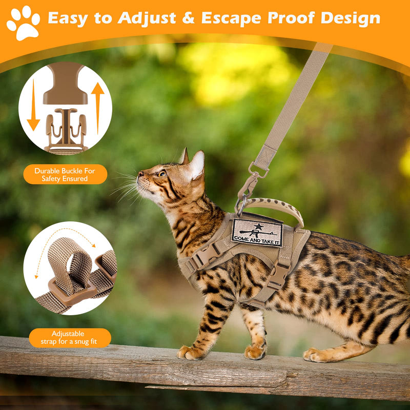 Tactical Cat Harness and Leash Set for Walking Escape Proof, Adjustable Large Cat Vest Harness with Molle Patches, Soft Mesh Padding, Rubber Handle Easy to Control Khaki - PawsPlanet Australia