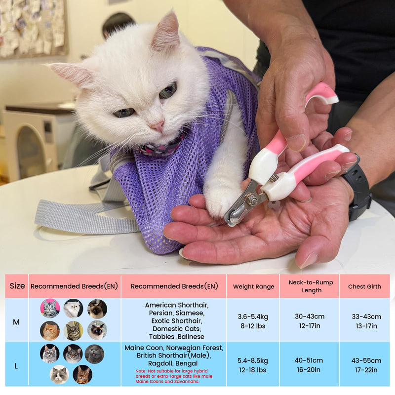 Cinf Cat Bathing Bag(Free Muzzle) Breathable Mesh Anti Scratch Adjustable Cat Grooming Bag for Nail Trimming, Bathing Soft Cat Washing Bag(Taro) L L-Drama Cat Taro