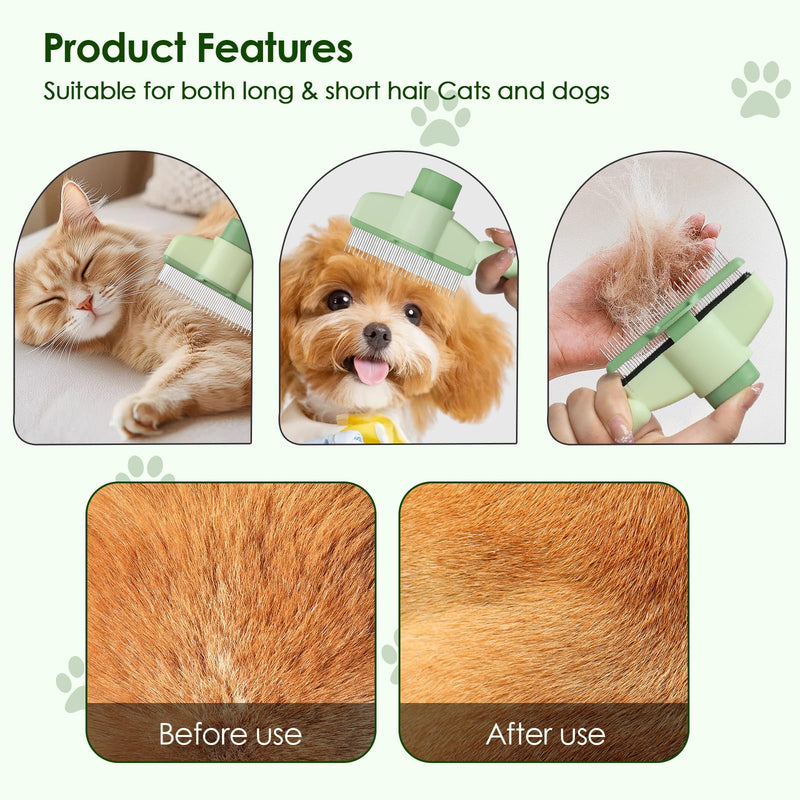 Flea Comb for Cat Hair Removal Comb, 2025 New Self-Cleaning Flea Brush for Cats and Dog, Comfort Cat Hair Removal Tool with Long & Short Stainless Steel Metal Grooming Brush(Green) Green - PawsPlanet Australia