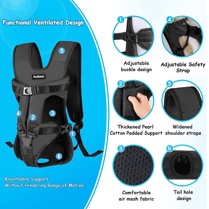 PetBonus Pet Front Dog Carrier Backpacks, Adjustable Dog Backpack Carrier, Legs Out Easy-fit Dog Chest Carrier for Medium Small Dogs, Hands Free Dog Front Carrier for Hiking, Cycling (Black, L) Black Large - PawsPlanet Australia