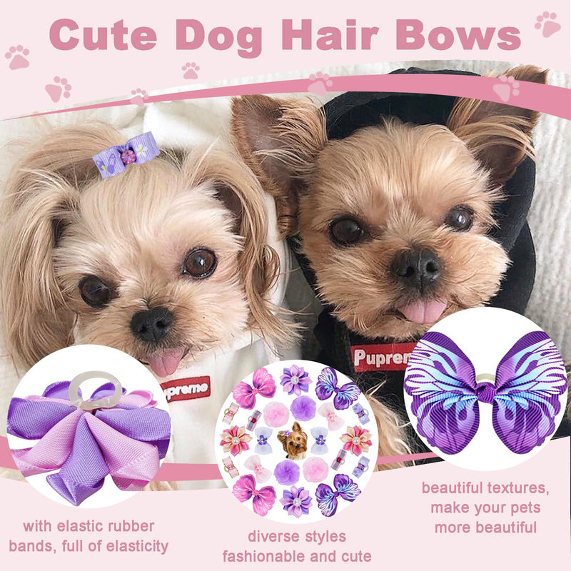 22 Pieces Cute Dog Hair Bows with Elastic Rubber Bands, Small Puppy Hair Accessories with Butterfly Flower Pearls Double Bow for Pets Dogs Cats Hair Grooming (Purple and Pink) - PawsPlanet Australia