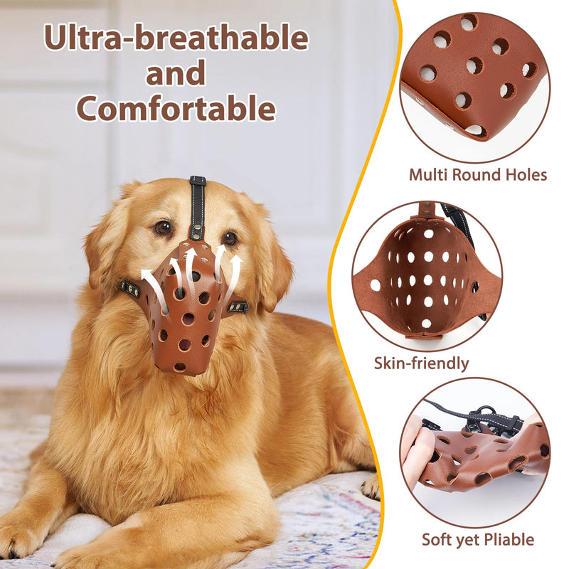 Mayerzon Dog Muzzle, Soft Leather Basket Muzzle for Small Medium Large Dogs, Breathable Dog Mouth Guard for Dogs to Prevent Biting Chewing, Dog Mask Muzzle for Grooming Trimming Training Scavenging Brown