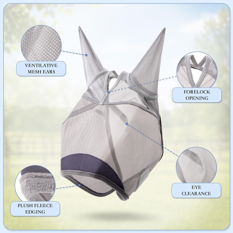 Horse Fly Mask with Ears - UV Protection Fine Mesh Super Comfort Fly Masks for Horses, Adjustable Breathability Horses Masks, Pony Equine Fly Mask for Miniature Foal Draft Cob Srabian Full (Gray, L) Grey