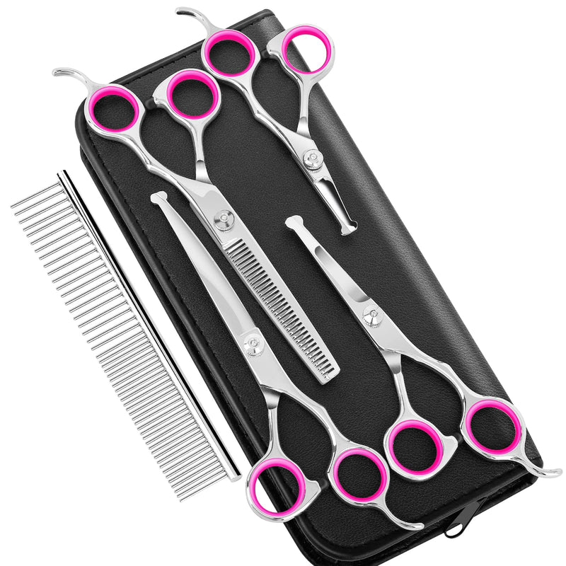 Dog Grooming Scissors Kit with Round Tip, Ecnocal Stainless Steel Titanium Coated Pet Grooming Trimmer Set, Thinning/Straight/Curved Shears, and Comb with Case for Small Pet Dog Cat (Classic) Classic