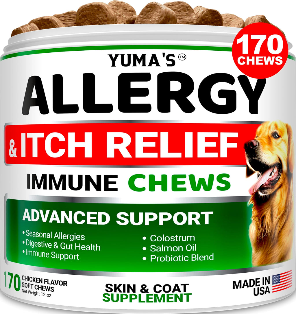 YUMA'S Dog Allergy Relief Chews - Dog Itching Skin Relief Treatment Pills - 170 Treats - Anti-Itch for Dogs - Itchy and Paw Licking - Dry Skin & Hot Spots - Omega 3 Fish Oil - Skin & Coat Supplement 170 Chews Brown