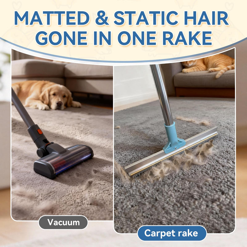 BFNN Carpet Rake for Pet Hair Removal | Reusable Dual-Action Carpet Broom Tool with Metal Scraper & Silicone Brush | 54" Adjustable Handle | 3Pcs Cat & Dog Fur Cleaning Kit for Rugs, Couch & Furniture Blue