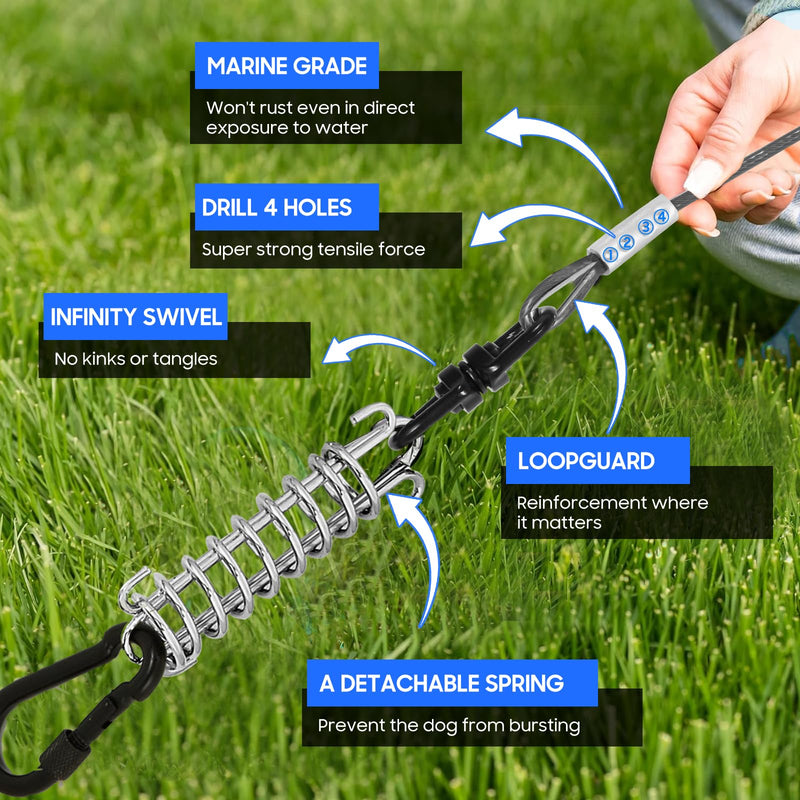 Pet Tie Out Cable for Dogs, Dog Tie Out Cable, Dog Runner Cable with Swivel Hook and Shock Spring, Dog Leash Run Tether for Yard Outdoor and Camping (Black, 5MM*10FT) black - PawsPlanet Australia