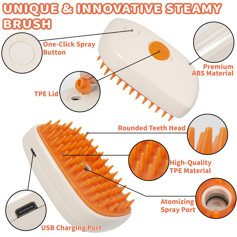 3 in 1 Steam Cat Hair Brush: Spray, Massage and Bath Cleaning for Dogs and Cats, Soft Silicone Brush for Hair Removal, Self-Cleaning Feature for Easy Use Orange & White - PawsPlanet Australia
