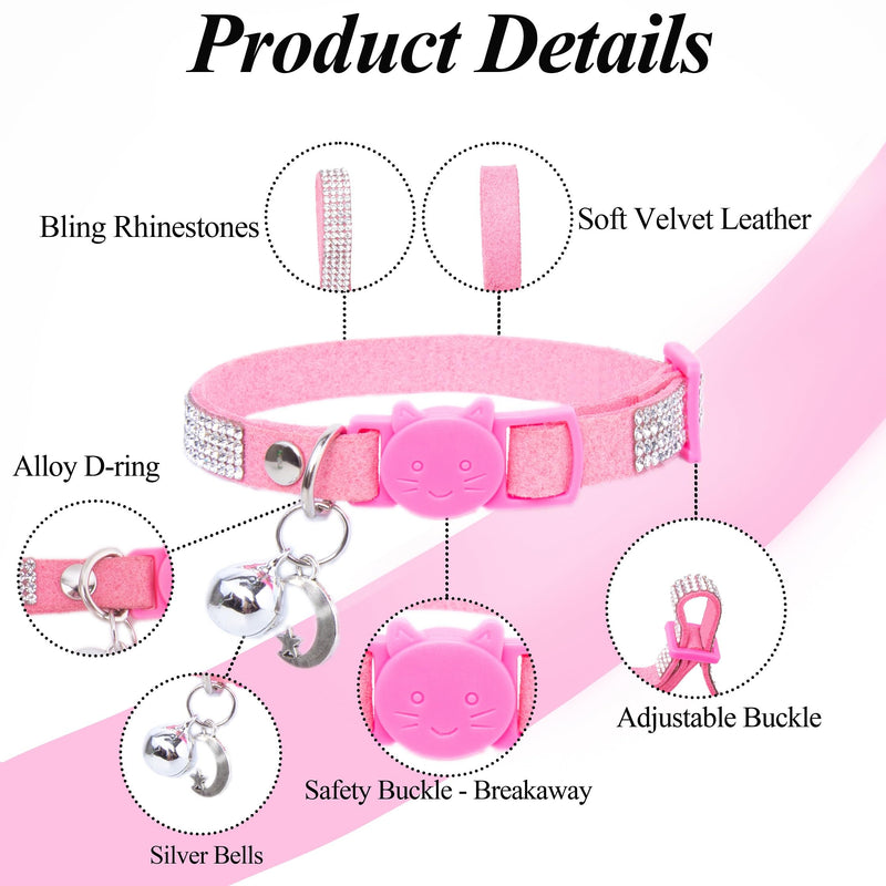 Rhinestone Cat Collar Breakaway with Bell Safety Buckle, Adjustable Diamond Girl Kitty Collar Quick Release for Kitten Tiny Little Pets, 6"-9" Pink Extra Small XS, adjustable range 6"-9" Pink, Pack of 1 - PawsPlanet Australia