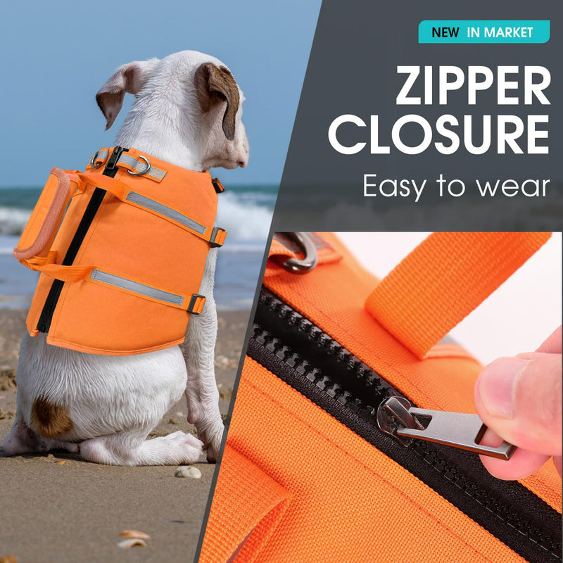 Queenmore Dog Life Jacket, Small Dog Life Vest for Swimming, Dog Life Vest for Large Medium Small Dogs, Dog Floation Vest for Boating, Adjustable Dog Swim Vest with Rescue Handle, Zipper (Orange, S) Orange - PawsPlanet Australia