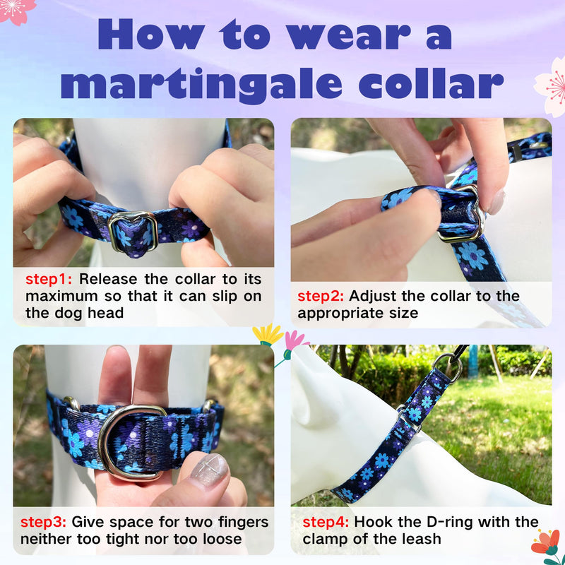 Hikiko Martingale Collar for Dogs with No Buckle Floral Dog Collars Soft Nylon No Slip Dog Collar for Medium Dog,Navy Blue Flower,M Navy Blue Flower - PawsPlanet Australia